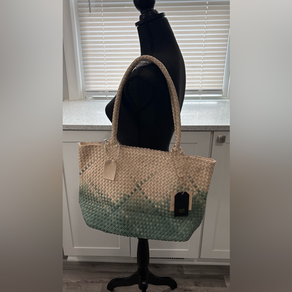 NWT Intrecciato Woven Ombre Tote Shoulder Bag- genuine leather- green